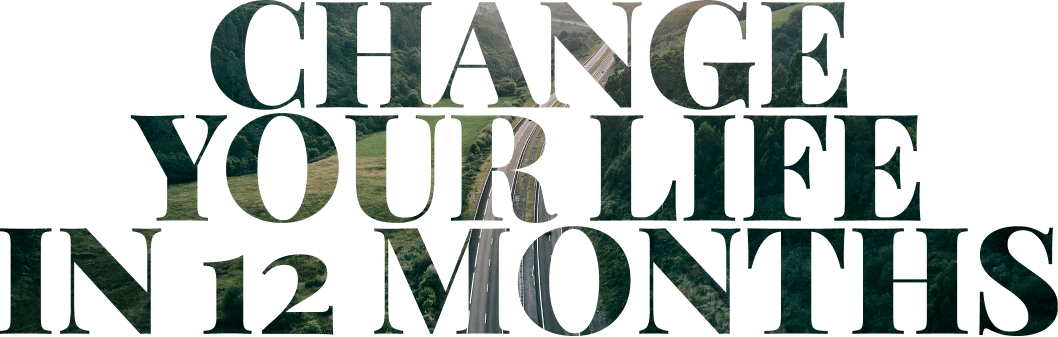 "Change Your Life in 12 Months" text overlay with scenic highway background, promoting guidance from an online life coach